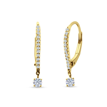 Round CZ Dangle Hoop Leverback Earrings Yellow Tone 925 Sterling Silver